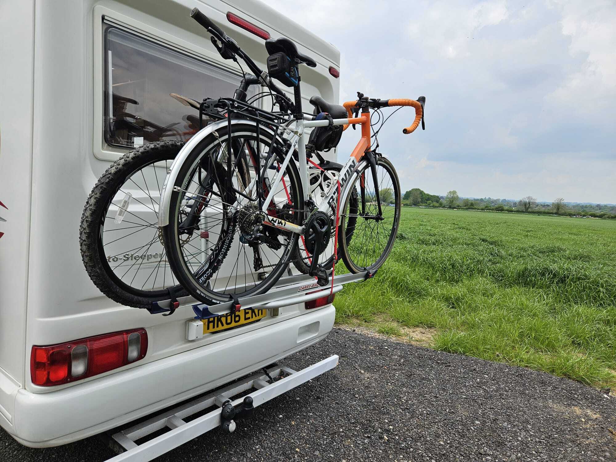 Bicycle rack fitted to the back of a motorhome